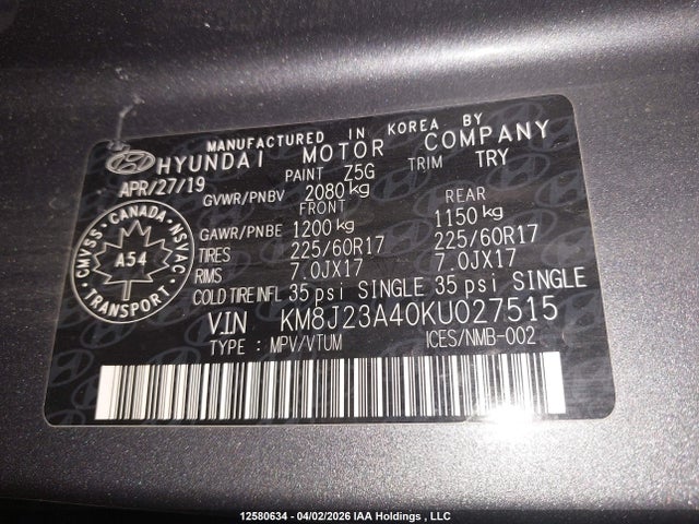 KM8J23A40KU027515 Hyundai Tucson Essential W/safety Package
