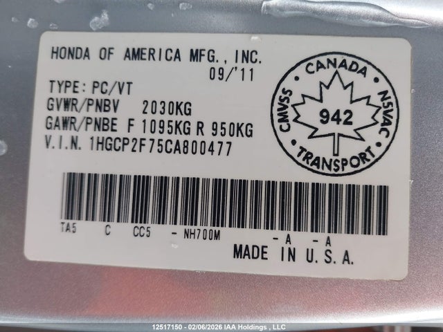 12517150 :رقم المزاد ، 1HGCP2F75CA800477 vin ، 2012 Honda Accord Ex مزاد بيع