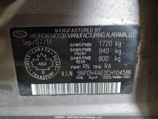 Продажа на аукционе авто 2012 Hyundai Elantra Gls/limited, vin: 5NPDH4AE0CH104586, номер лота: 12580637
