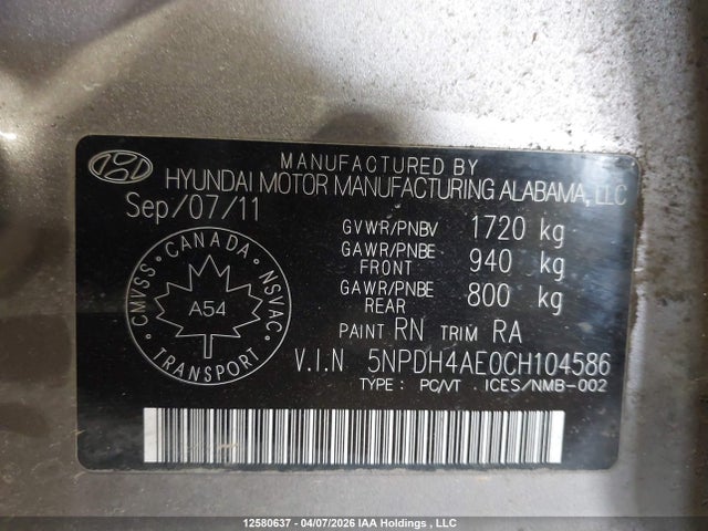 Продажа на аукционе авто 2012 Hyundai Elantra Gls/limited, vin: 5NPDH4AE0CH104586, номер лота: 12580637