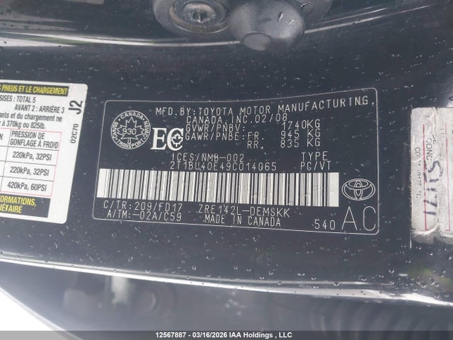 12567887 :رقم المزاد ، 2T1BU40E49C014065 vin ، 2009 Toyota Corolla S مزاد بيع