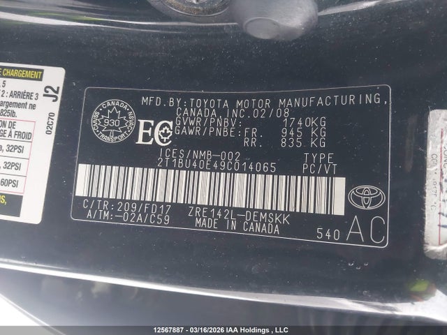 12567887 :رقم المزاد ، 2T1BU40E49C014065 vin ، 2009 Toyota Corolla S مزاد بيع