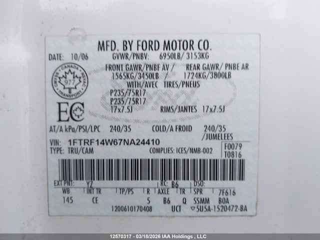 Aukcja sprzedaży 2007 Ford F-150 Stx/xl/xlt, vin: 1FTRF14W67NA24410, numer aukcji: 12570317