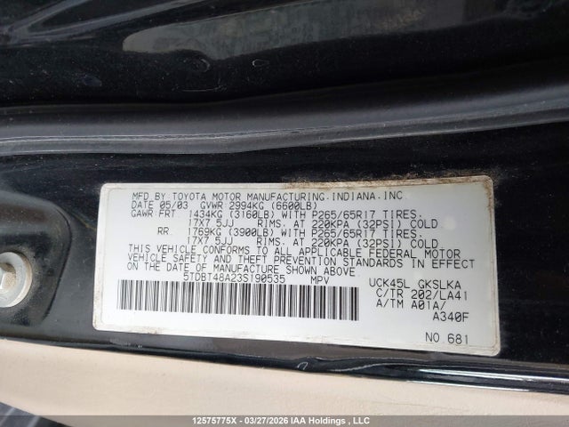 Aukcja sprzedaży 2003 Toyota Sequoia Limited V8, vin: 5TDBT48A23S190535, numer aukcji: 12575775
