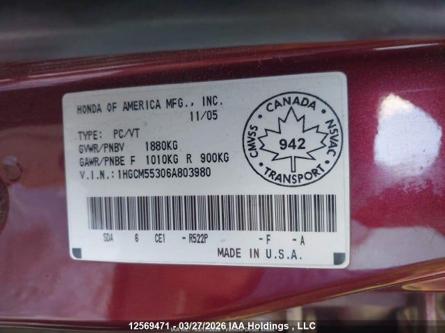 12569471 :رقم المزاد ، 1HGCM55306A803980 vin ، 2006 Honda Accord Se مزاد بيع