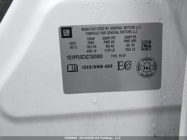 Продажа на аукционе авто 2012 Chevrolet Cruze Lt Turbo, vin: 1G1PF5SC3C7383860, номер лота: 12580644