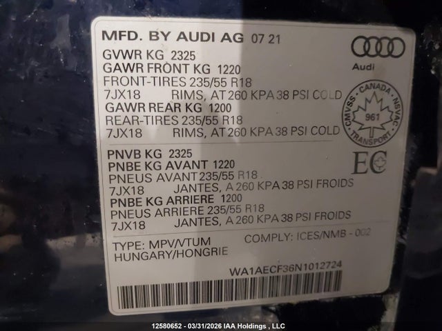 Aukcja sprzedaży 2022 Audi Q3 Komfort 45, vin: WA1AECF36N1012724, numer aukcji: 12580652