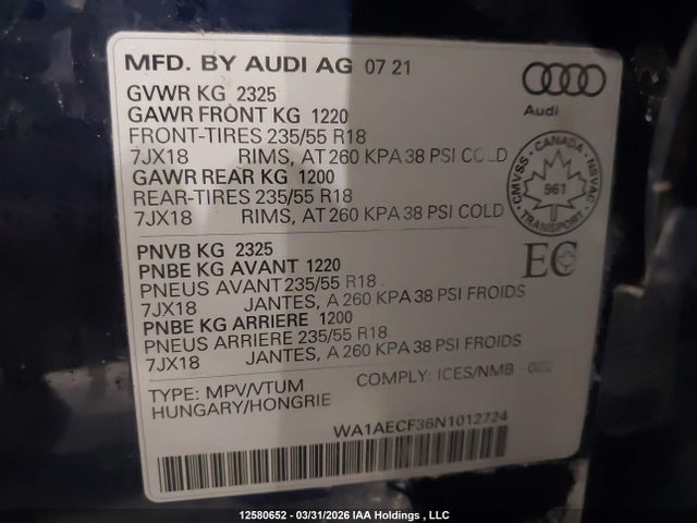 Aukcja sprzedaży 2022 Audi Q3 Komfort 45, vin: WA1AECF36N1012724, numer aukcji: 12580652