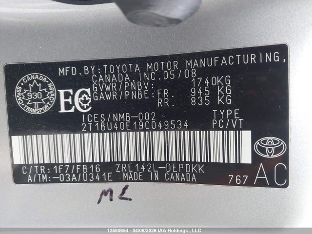 2009 Toyota Corolla Ce მანქანა იყიდება აუქციონზე, vin: 2T1BU40E19C049534, აუქციონის ნომერი: 12580654