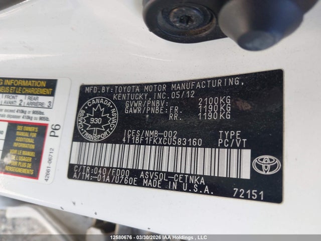 2012 Toyota Camry Se/le/xle მანქანა იყიდება აუქციონზე, vin: 4T1BF1FKXCU583160, აუქციონის ნომერი: 12580676