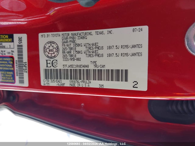 Продажа на аукционе авто 2024 Toyota Tundra Limited 4x4, vin: 5TFJA5EC1RX034048, номер лота: 12580693