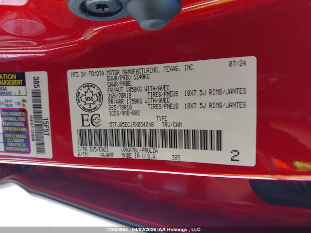 Продажа на аукционе авто 2024 Toyota Tundra Limited 4x4, vin: 5TFJA5EC1RX034048, номер лота: 12580693