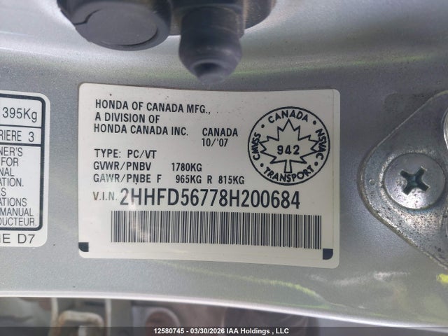 Продаж на аукціоні авто 2008 Acura Csx Technology Package, vin: 2HHFD56778H200684, номер лоту: 12580745
