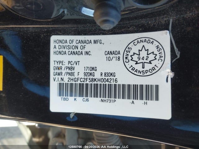 Honda Civic Lx 2019 2HGFC2F58KH004216 Image 9