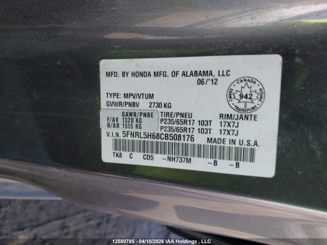 Aukcja sprzedaży 2012 Honda Odyssey Exl, vin: 5FNRL5H68CB508176, numer aukcji: 12580785
