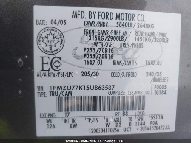 2005 Ford Explorer Sport Trac მანქანა იყიდება აუქციონზე, vin: 1FMZU77K15UB63537, აუქციონის ნომერი: 12580787