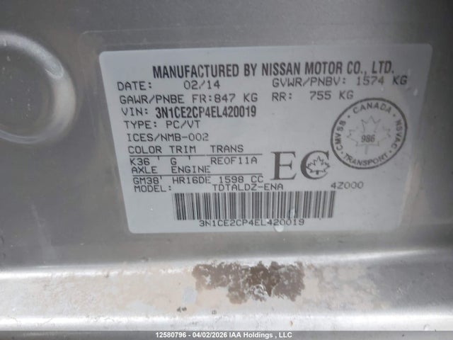 12580796 :رقم المزاد ، 3N1CE2CP4EL420019 vin ، 2014 Nissan Versa Note 1.6 S/1.6 Sl/1.6 Sv مزاد بيع