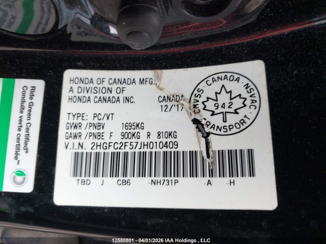 Aukcja sprzedaży 2018 Honda Civic Lx, vin: 2HGFC2F57JH010409, numer aukcji: 12580801
