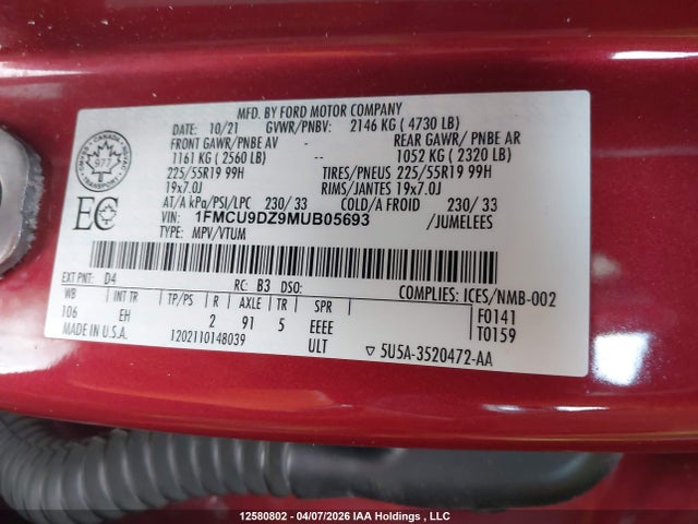 2021 Ford Escape Titanium Hybrid მანქანა იყიდება აუქციონზე, vin: 1FMCU9DZ9MUB05693, აუქციონის ნომერი: 12580802
