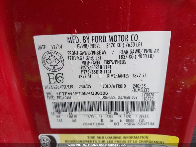 1FTFW1ET5EKG38306 Ford F-150 Xlt
