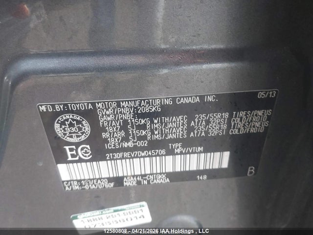 2013 Toyota Rav4 Limited მანქანა იყიდება აუქციონზე, vin: 2T3DFREV7DW045706, აუქციონის ნომერი: 12580808