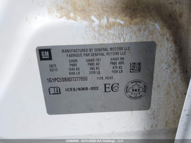 2013 Chevrolet Cruze Lt მანქანა იყიდება აუქციონზე, vin: 1G1PC5SB8D7277650, აუქციონის ნომერი: 12580809
