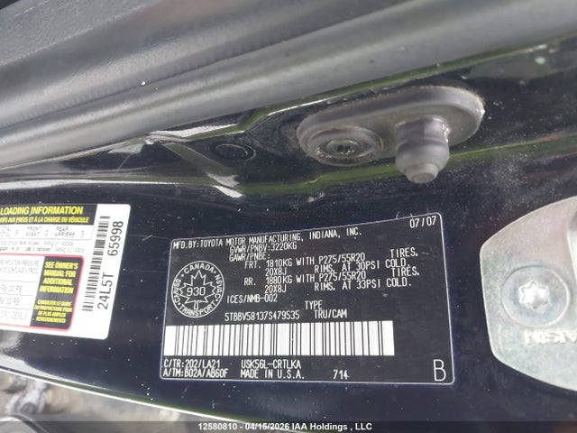 2007 Toyota Tundra Double Cab Limited მანქანა იყიდება აუქციონზე, vin: 5TBBV58137S479535, აუქციონის ნომერი: 12580810