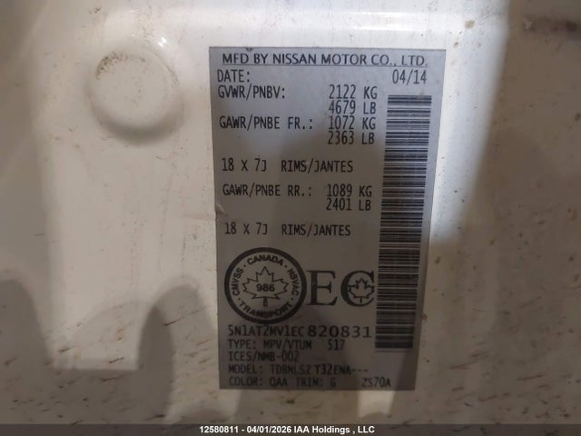 5N1AT2MV1EC820831 Nissan Rogue S/sl/sv