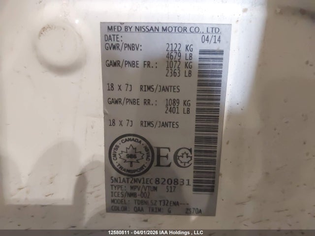 5N1AT2MV1EC820831 Nissan Rogue S/sl/sv