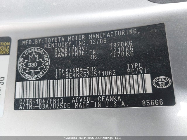 Продажа на аукционе авто 2007 Toyota Camry Ce/le/xle/se, vin: 4T1BE46K57U511082, номер лота: 12580814