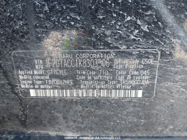 Aukcja sprzedaży 2019 Subaru Crosstrek Premium, vin: JF2GTACC1K8303506, numer aukcji: 12580819