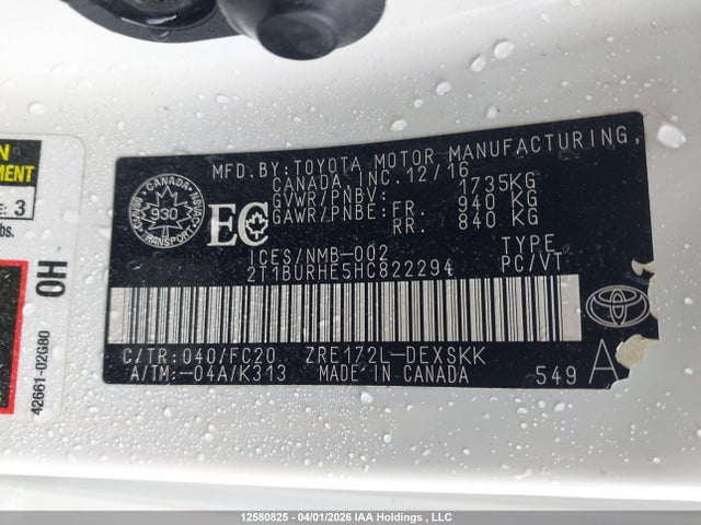 12580825 :رقم المزاد ، 2T1BURHE5HC822294 vin ، 2017 Toyota Corolla L/le/xle/se/xse مزاد بيع