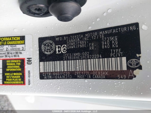 12580825 :رقم المزاد ، 2T1BURHE5HC822294 vin ، 2017 Toyota Corolla L/le/xle/se/xse مزاد بيع
