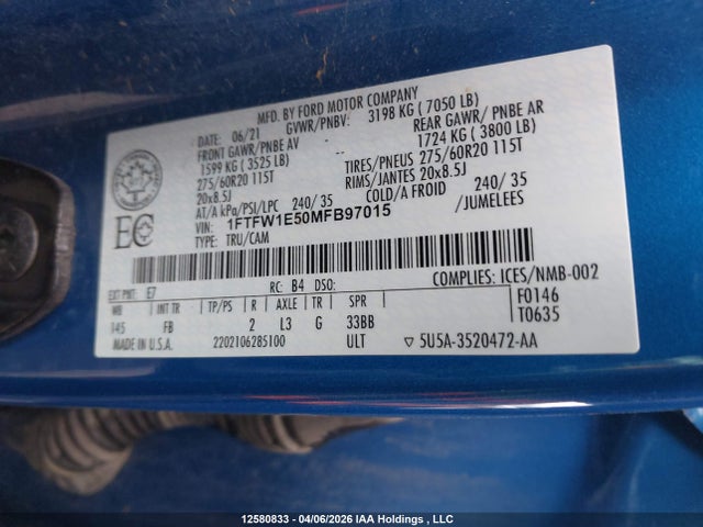 Aukcja sprzedaży 2021 Ford F-150 Xlt, vin: 1FTFW1E50MFB97015, numer aukcji: 12580833