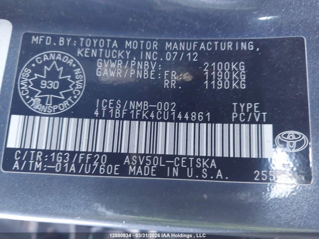 12580834 :رقم المزاد ، 4T1BF1FK4CU144861 vin ، 2012 Toyota Camry Se/le/xle مزاد بيع