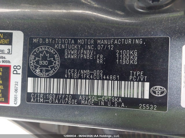 12580834 :رقم المزاد ، 4T1BF1FK4CU144861 vin ، 2012 Toyota Camry Se/le/xle مزاد بيع