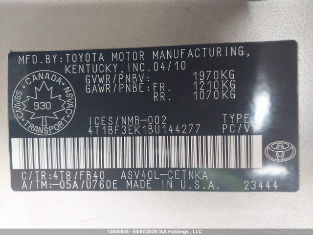 2011 Toyota Camry Le მანქანა იყიდება აუქციონზე, vin: 4T1BF3EK1BU144277, აუქციონის ნომერი: 12580844
