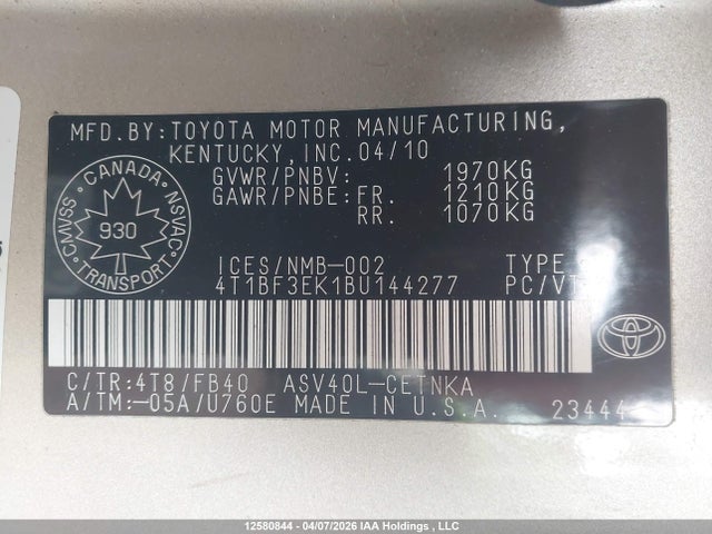 2011 Toyota Camry Le მანქანა იყიდება აუქციონზე, vin: 4T1BF3EK1BU144277, აუქციონის ნომერი: 12580844