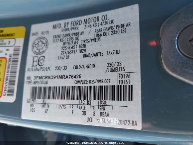 2021 Ford Bronco Sport Badlands მანქანა იყიდება აუქციონზე, vin: 3FMCR9D91MRA76425, აუქციონის ნომერი: 12580846