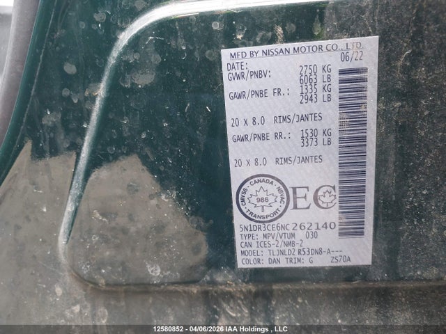 12580852 :رقم المزاد ، 5N1DR3CE6NC262140 vin ، 2022 Nissan Pathfinder Sl مزاد بيع