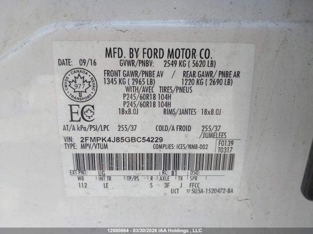 12580864 :رقم المزاد ، 2FMPK4J85GBC54229 vin ، 2016 Ford Edge Sel مزاد بيع