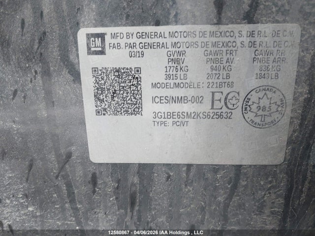 Aukcja sprzedaży 2019 Chevrolet Cruze Lt, vin: 3G1BE6SM2KS625632, numer aukcji: 12580867