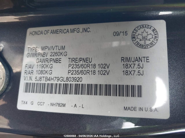 5J8TB4H79GL803920 Acura Rdx Advance