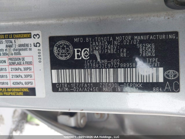 12580871 :رقم المزاد ، 2T1BR32E97C798958 vin ، 2007 Toyota Corolla Ce/le/sport مزاد بيع