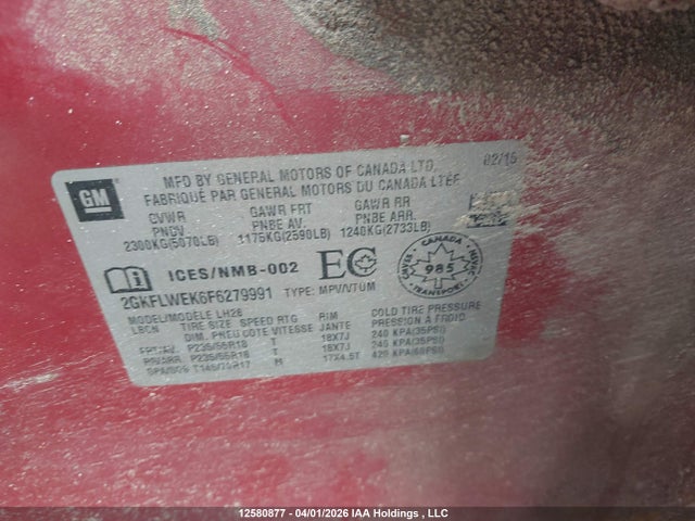 12580877 :رقم المزاد ، 2GKFLWEK6F6279991 vin ، 2015 Gmc Terrain مزاد بيع