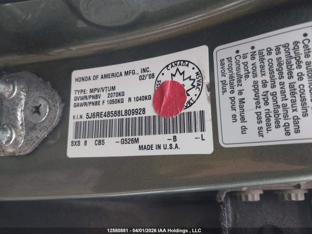 2008 Honda Cr-v Ex მანქანა იყიდება აუქციონზე, vin: 5J6RE48588L809928, აუქციონის ნომერი: 12580881