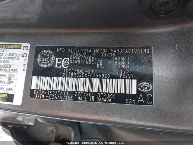 12580885 :رقم المزاد ، 2T1BR32EX7C735920 vin ، 2007 Toyota Corolla مزاد بيع