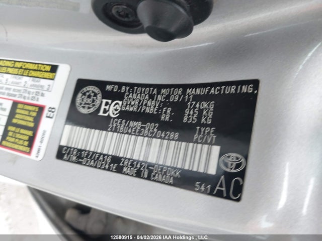2011 Toyota Corolla S/le მანქანა იყიდება აუქციონზე, vin: 2T1BU4EE3BC704288, აუქციონის ნომერი: 12580915