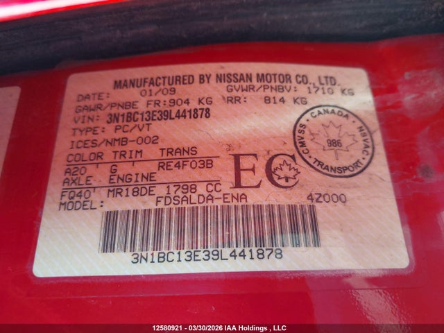 Aukcja sprzedaży 2009 Nissan Versa S/sl, vin: 3N1BC13E39L441878, numer aukcji: 12580921