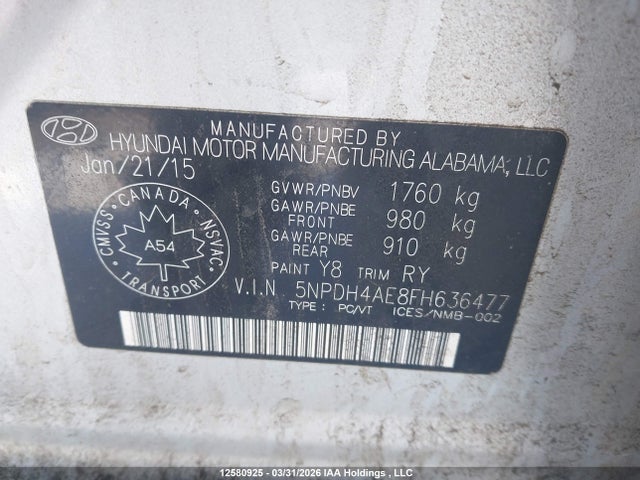 12580925 :رقم المزاد ، 5NPDH4AE8FH636477 vin ، 2015 Hyundai Elantra Se/sport/limited مزاد بيع